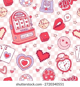 Sorte no amor padrão sem emenda, papel digital dos namorados dos anos 90 da moda, vetor do projeto do padrão de repetição do dia dos namorados Y2K