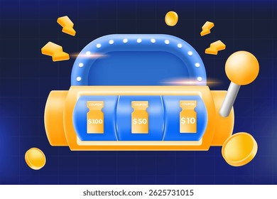 lucky machine with discount coupons worth $100, $50, and $10, surrounded by gold coins.  online deals, ecommerce promotions, or gamified shopping reward