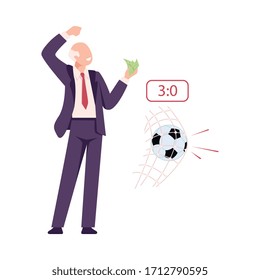 Lucky Man Celebrating His Win Playing Betting Sport, Man Won Money Prize in Soccer Betting Flat Vector Illustration