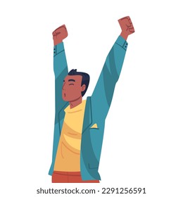 Lucky Man Celebrating Success and Victory Raising Hands in Excitement Vector Illustration