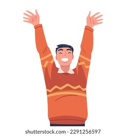 Lucky Man Celebrating Success and Victory Raising Hands in Excitement Vector Illustration