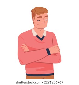 Lucky Man Celebrating Success and Victory Standing with Folded Arms and Satisfied Smile Vector Illustration