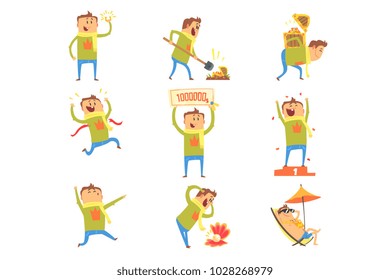 Lucky Man Having Good Luck And Sudden Stroke Of Fortune Series Of Comic Vector Illustrations