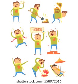 Lucky Man Having Good Luck And Sudden Stroke Of Fortune Series Of Comic Vector Illustrations