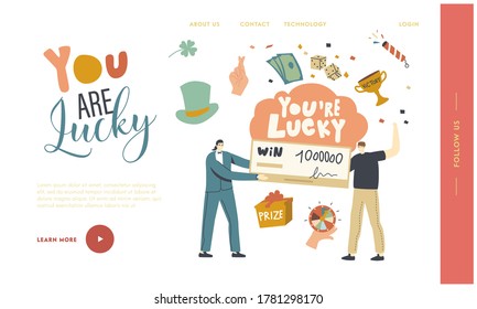 Lucky Man Rejoice for Get Paycheck Lottery Win, Luck Payment Cheque Landing Page Template. Anchorman Giving to Male Character Huge Voucher for Getting Money in Bank. Linear People Vector Illustration