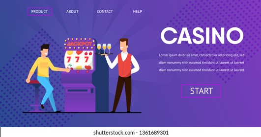 Lucky Man Win Jackpot 777 Slot Machine Casino Waiter with Champagne Celebrate Vector Illustration. Happy Winner Money Risk Gambling Player Gambler. Internet Poker Roulette Play Online