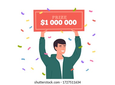 Lucky Man Win Lottery. Huge Money Prize In Lottery. Happy Winner Holding Bank Check For Million Dollars. Vector Illustration