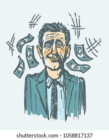 Lucky man winning jackpot vector hand drawn illustration