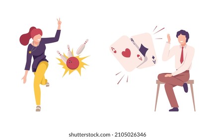 Lucky Man and Woman Winning Jackpot in Card Game and Bowling Vector Set