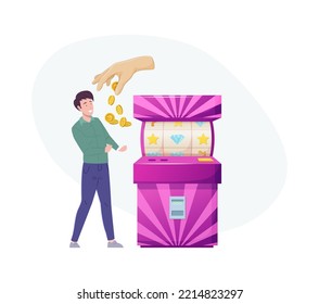 Lucky man won money prize at slot machine. Happy man hit jackpot in casino, human hand throwing coins in his hands. Smiling guy standing near one armed bandit gambling machine cartoon vector