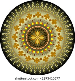 Mandala afortunada con cuatro trébol de hojas, fases lunares y árbol.