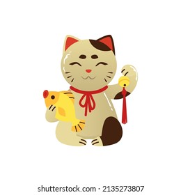 Lucky Maneki neko cat with goldfish and ancient coin, flat cartoon vector illustration isolated on white background. Happiness Cat or Money Cat common Japanese figurine.