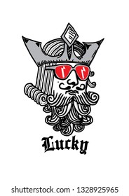 Lucky man.Vintage print.Artwork.Tattoo.Illustraion.Hand drawing.Badge.Sun Glasses