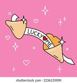 Lucky me. Cute fortune cookie Valentine's Day card. Hand drawn vector illustration in cartoon style.