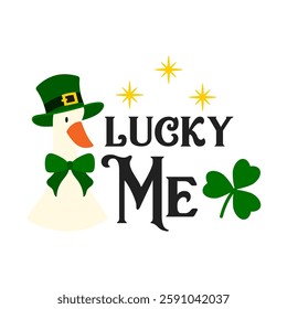 Lucky me quote. Happy St. Patrick's day set in cartoon style. Cute goose in a green hat on white background. Vector flat illustration.