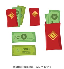 Lucky money vector set. Lucky money in red envelope in new year days.  Chinese new year concept. Flat vector in cartoon style isolated on white background.