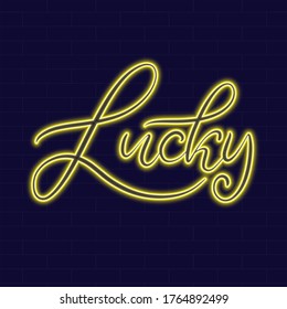 Lucky Neon sign with lettering on dark background vector illustration. Logo design template. Light banner, glowing neon signboard for advertising.
