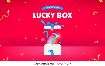 Lucky New Year - Lucky Box vector illustration. Question mark coming out of gift box on red background