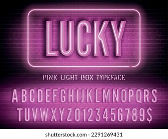 Lucky night light box extra glowing effect narrow font with numbers on dark brick wall background. Vector pink neon box alphabet