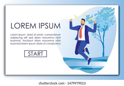 Lucky Office Worker in Blue Business Suit, Male Brunet, Jumping for Joy with Success, Triumphing Over His Victory or Finding Good Solution, Against Background with Copy Space for Your Text