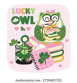 Lucky Owl Back to School zum St. Patrick’s Day. Vektorgrafik.