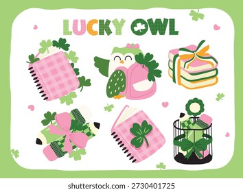 Lucky Owl Back to School zum St. Patrick’s Day. Vektorgrafik.