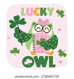 Lucky Owl Back to School zum St. Patrick’s Day. Vektorgrafik.