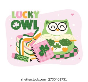 Lucky Owl Back to School zum St. Patrick’s Day. Vektorgrafik.