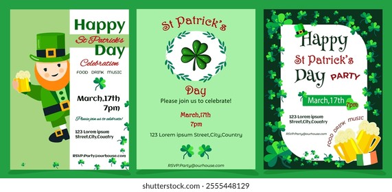 Lucky Party poster for St. Patricks Day. 
Leprechaun party invitations. St patrick typographic invitation template, st patricks day irish beer festival celtic luck symbol clover gold pot, Vector 