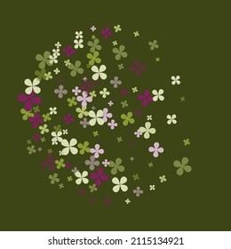 Lucky Pastel Flowers Holidays Illustration. Green Vivid Nature Dark Spring Wallpaper. Saint Patrick Clovers Vibrant Summer Fourtune Splatter. Floral Bright Purple Greenery Simple Backdrop.