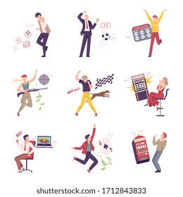 Lucky People Celebrating Their Win Set, Happy People Winning in Lottery, Casino Gambling and Betting Sport Flat Vector Illustration
