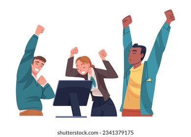 Lucky People Character Celebrating Success and Victory Looking at Computer Screen Vector Illustration