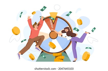 Lucky People Near The Wheel Of Fortune Win A Million. Happy Millionaires Hit The Jackpot At Casino. Cash Prize In Game Of Chance. Flat Woman And Man Winners With Spinning Roulette Or Rotating Circle.