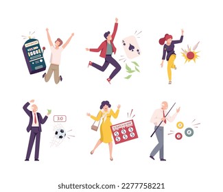 Lucky people playing games and winning money set. Smiling woman and man won lottery, slot machine, billiards, bowling, soccer cartoon vector illustration