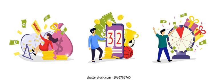 Lucky People Playing Lottery Awards Raffle, Sports Betting And Fortune Wheel. Persons Taking Part In Prize Draw. Online Gambling Addiction Set Vector Illustration Isolated On White Background