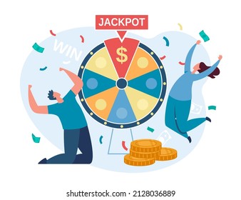 Lucky people spinning fortune wheel and winning jackpot. Characters win cash prizes, lottery winners, online gambling vector illustration. Winner luck and fortune gambling, gamble jackpot