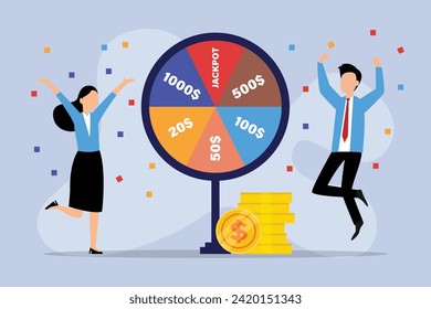 Lucky people winning prize draw standing near fortune wheel 2d vector illustration