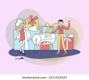 Lucky people winning prize draw. Lottery winners turning raffle drum and getting gift boxes. Vector illustration for fortune, gambling, lotto, success concept