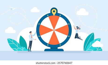 Lucky people winning prize draw. Winning ring fortune lottery, woman and man character spin lucky wheel, raffle. Concept television broadcast prize drawing, money lotto. Vector illustration