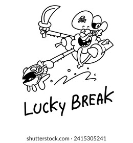 A lucky pirate caught a fish with a hook and rides it like a rodeo. Line graphics version.