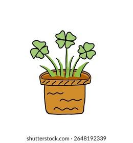 Lucky plant in a pot featuring multiple four-leaf clovers. Suitable for good luck icons, botanical illustrations, eco-themed projects, and cheerful green content.