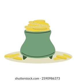 Lucky Pot of Gold with Coins. St. Patrick’s Day Symbol, Wealth and Prosperity Concept, Green and Gold, Festive Illustration, Financial Success, Treasure, Irish Luck, Holiday Celebration, Cartoon Style