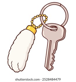 Lucky rabbit foot on keychain and keyring with house key. Cartoon drawing, isolated vector clip art illustration.