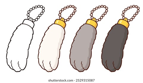 Lucky rabbit foot talisman drawing set, good luck charm keychain. Different colors and black and white line art. Cute cartoon hand drawn vector illustration