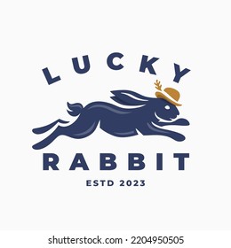 Lucky rabbit logo design. Jumping hare with hat icon. Year of the rabbit luck emblem. Leaping easter bunny with top hat brand identity. Vector illustration.