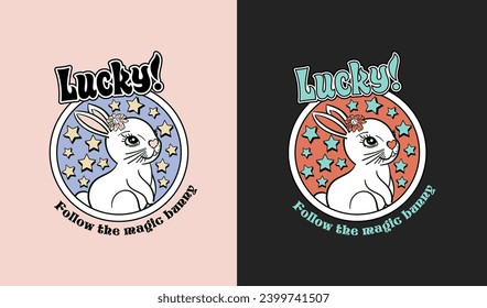 Lucky rabbit vector illustration for fashion garments. Cute, funny retro print.