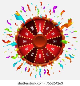 Lucky roulette with confetti. Vector illustration.
