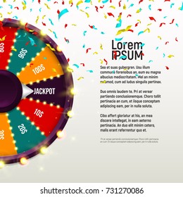 Lucky roulette with falling confetti. Vector illustration.