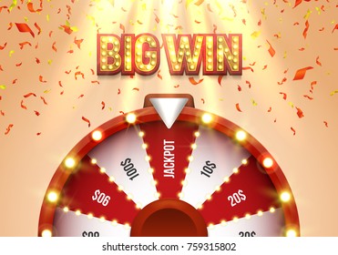 Lucky roulette with falling confetti. Vector illustration.