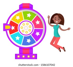 Lucky roulette with pointer and stars. Isolated female character happy of result on fortune wheel. Spinning circle and woman jumping with joy. Winner of laying bet in casino. Vector in flat style
